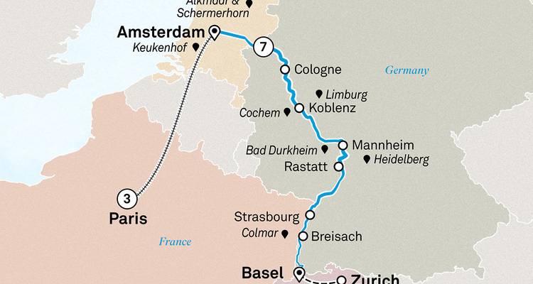 Mapa de crucero Ámsterdam-París-Basilea destacando las paradas del corredor del Rin