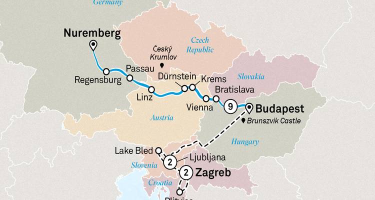 Mapa que conecta Budapest, Zagreb, Viena y el Lago Bled en un tour combinado