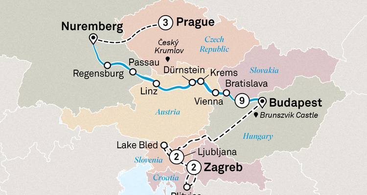 Mapa de itinerario de Europa Central que conecta Praga, Budapest y el Lago Bled
