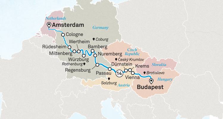 Mapa extendido de crucero europeo de Budapest a Ámsterdam a través de Alemania