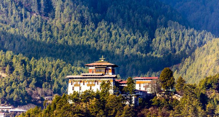 Isolierter bhutanesischer Dzong auf einem bewaldeten Berghang mit dichtem Kiefernhintergrund