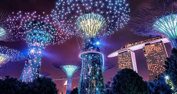 Vista nocturna de la Supertree Grove iluminada con el hotel Marina Bay Sands de fondo, Singapur.