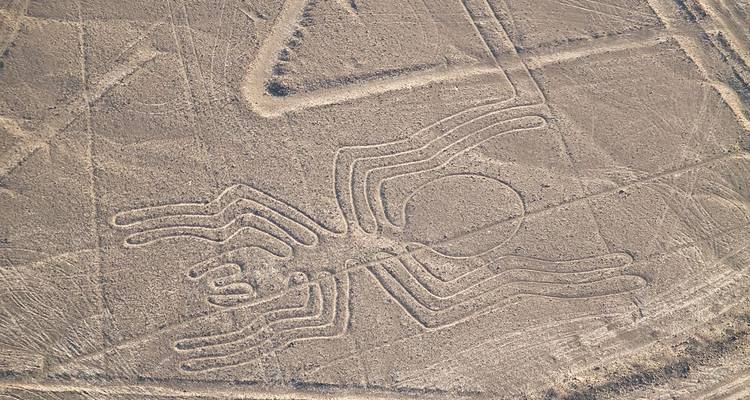 Aerial view of the Nazca Lines spider geoglyph etched into the desert floor.