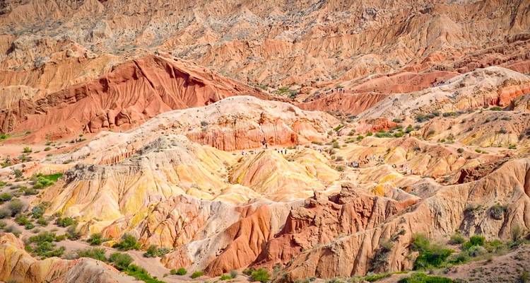 Overhead view of multicolored, intricately eroded hills and ridges in a vibrant badlands landscape.