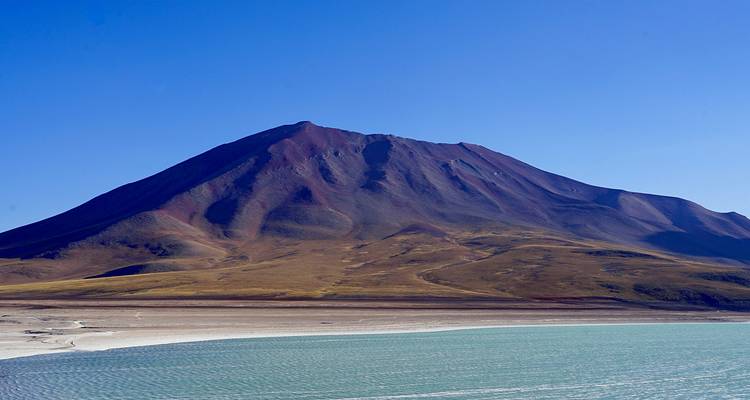 Solitaire vulkaan die oprijst boven een groene lagune en droge vlakte in Bolivia's Eduardo Avaroa reservaat.