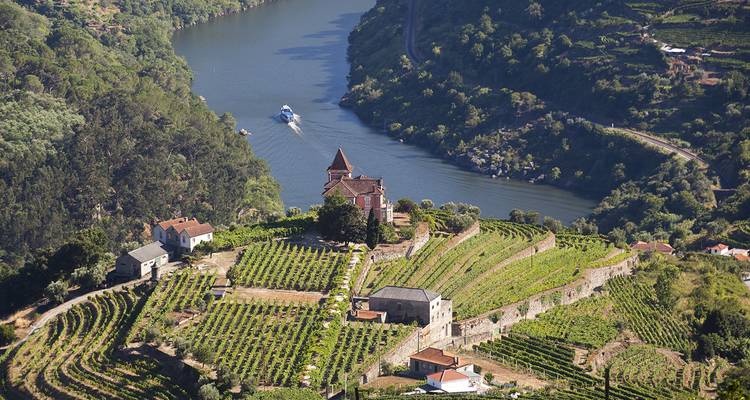 Verdant Douro Valley vineyards cascade towards the river with a small boat cutting through calm waters.