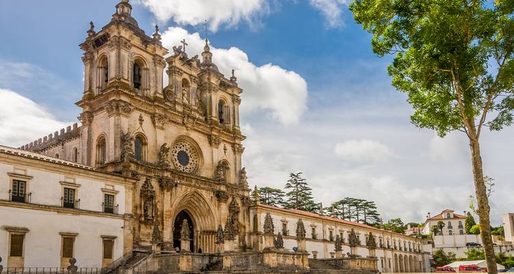 Gotische gevel van het Alcobaça klooster met groot roosvenster beschaduwd door boom