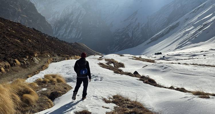 A trekker strides across a snowy Himalayan valley trail flanked by brown scree and cliffs.