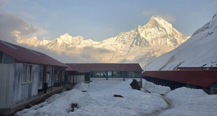 Snowy guesthouses sit beneath the sharp white summit of Machhapuchhare in soft evening light.
