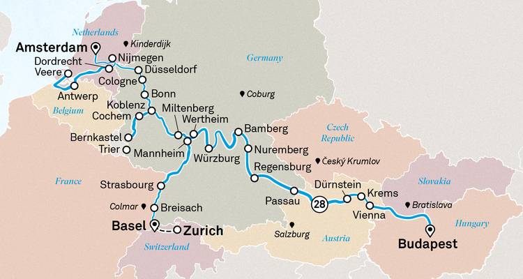 Uitgebreide Europese kaart die lange cruiseroute van Amsterdam naar Boedapest en Basel toont.