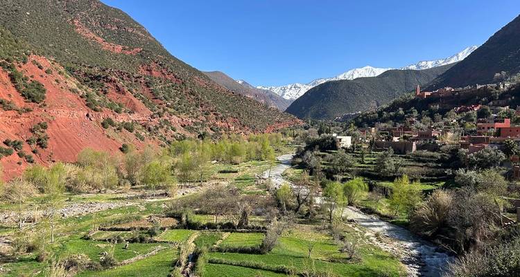 Verdant river valley flanked by red rock mountains and snow-capped peaks in distance