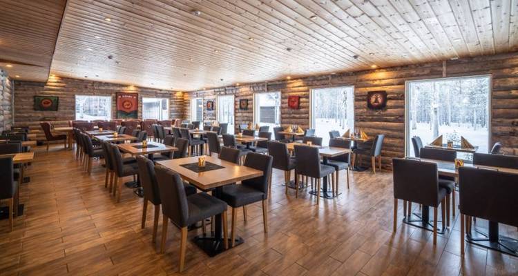 Ruim restaurant met houten interieur, netjes gerangschikte tafels en bosuitzicht door grote ramen.