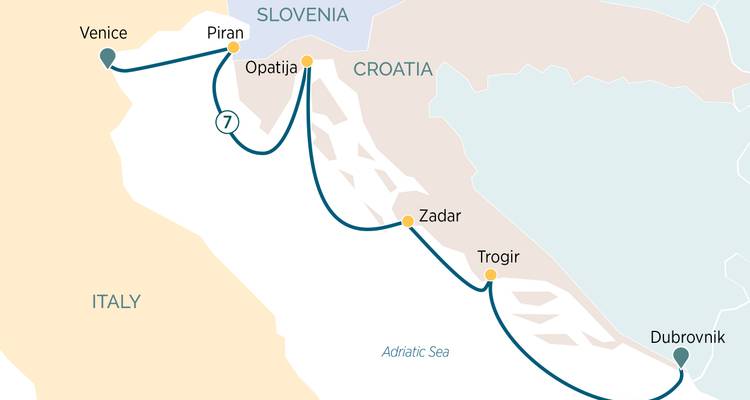 Reisroute kaart die een route weergeeft van Venetië naar Dubrovnik met gemarkeerde stops langs de kust van Kroatië.