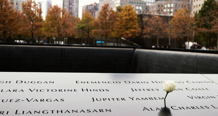 Panel conmemorativo reflexivo del 9/11 con una sola rosa blanca colocada entre nombres grabados y árboles de otoño al fondo.