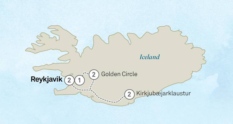 Illustrierte Reisekarte von Island mit Streckenführung durch Reykjavik, Golden Circle und Kirkjubaejarklaustur.