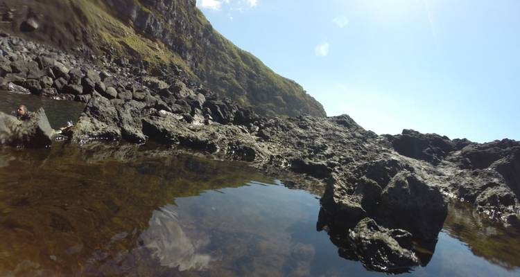 Rocky shoreline tide pools reflecting cliffs under bright sun.