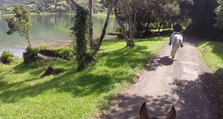 Horseback riders following a shaded lakeside path with calm green water beside them.