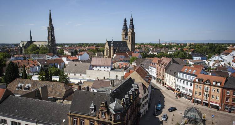 Dachpanorama von Speyer mit den Zwillingskirchtürmen und kompakten rotgedeckten Häusern unter klarem Himmel.