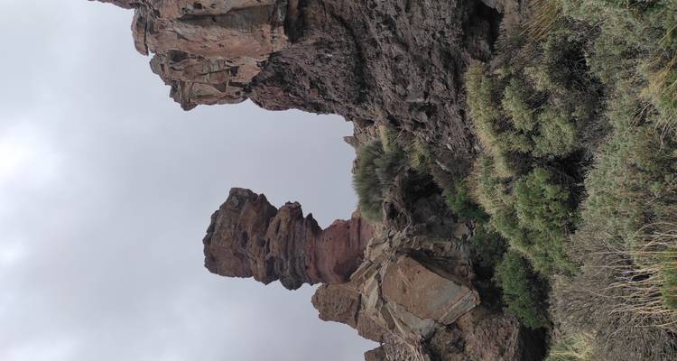 Distinctive balancing rock stack amid dark volcanic cliffs beneath a grey sky