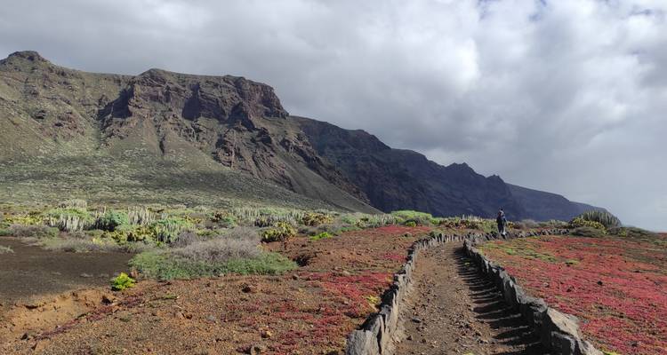 Stone path bordered by red groundcover leading toward steep green volcanic cliffs under mixed clouds