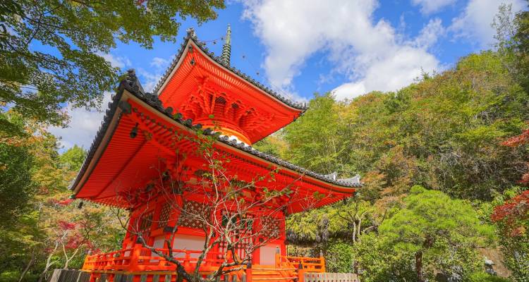 Bright vermilion pagoda surrounded by lush green foliage under blue sky.
