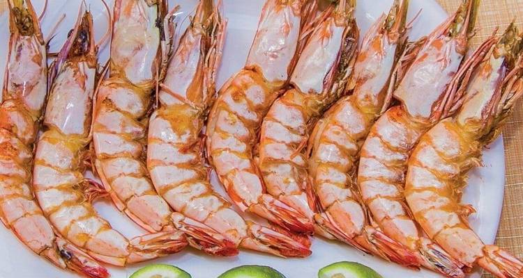 Platter of grilled prawns neatly arranged on a white plate beside cucumber slices