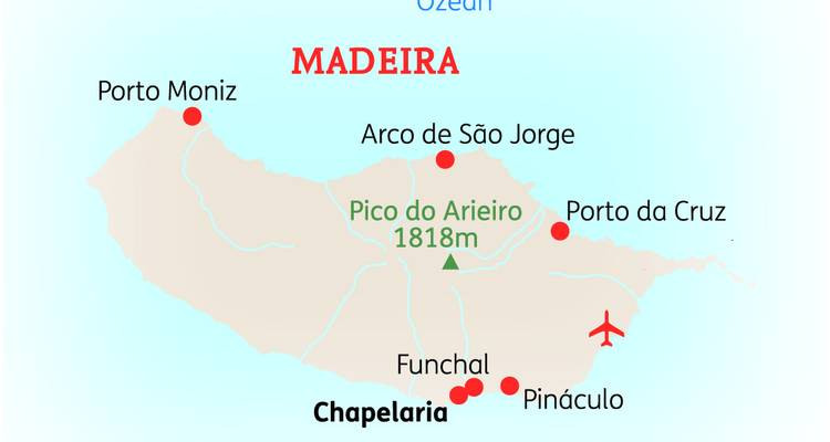 Illustrierte Karte der Insel Madeira mit wichtigen Städten, Gipfeln und Verkehrssymbolen.