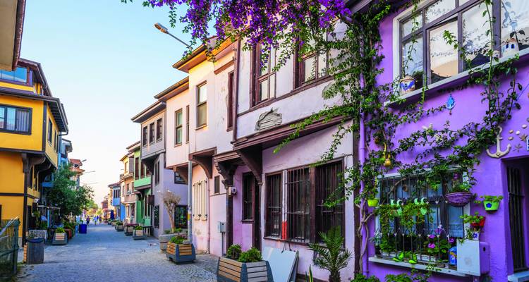Charmante schmale Straße in Bursa, gesäumt von bunten osmanischen Häusern, die von Bougainvillea umrankt sind.