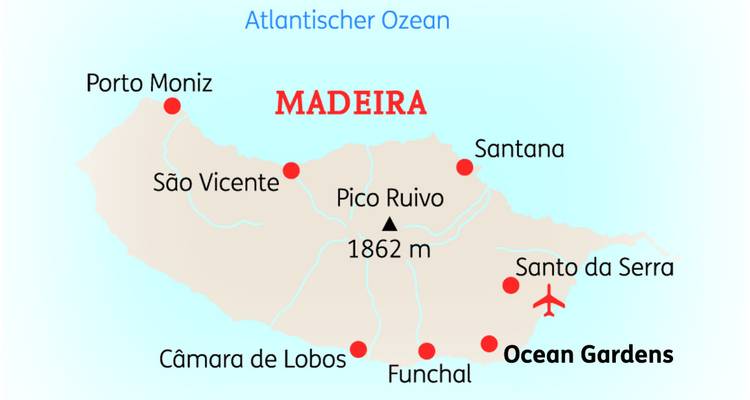 Karte von Madeira mit hervorgehobenem Pico Ruivo und wichtigen Ortschaften, die durch rote Punkte gekennzeichnet sind.