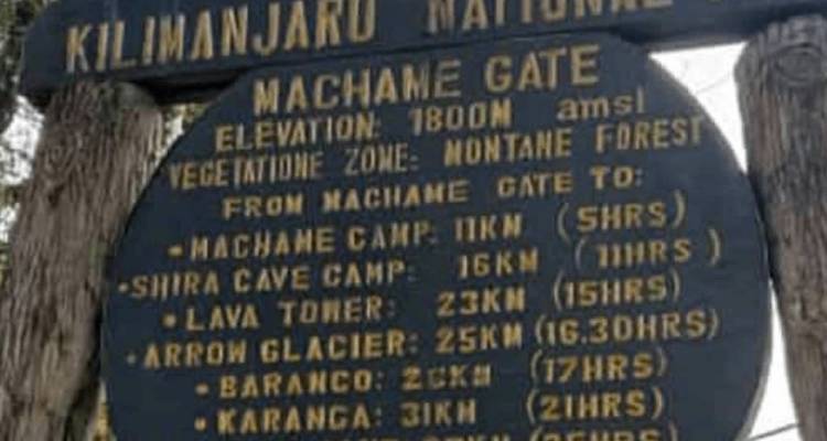 Close-up of information board for Machame Gate on Kilimanjaro route