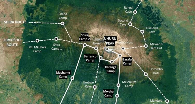 Topographic map illustration of Mount Kilimanjaro routes and camps