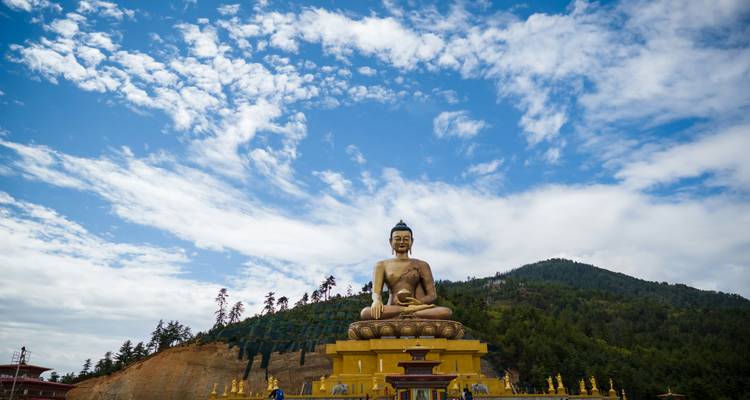 Golden seated Buddha statue overlooking forested hills under a bright blue sky with scattered clouds.