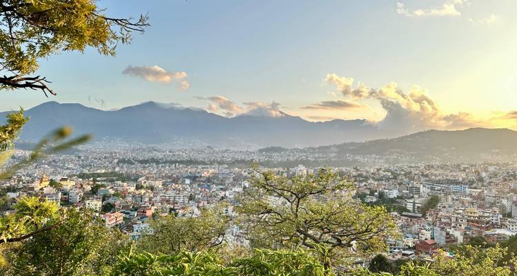 Wide city panorama with distant mountain range under soft evening light, framed by trees.