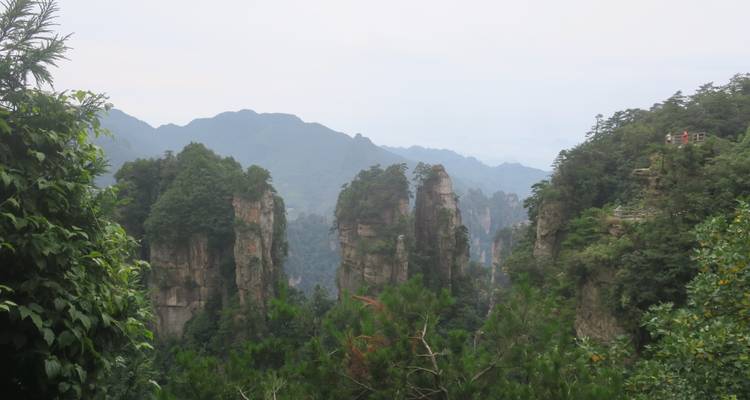 Scène de vallée verdoyante avec des piliers de pierre étroits et des collines boisées environnantes sous un ciel brumeux.