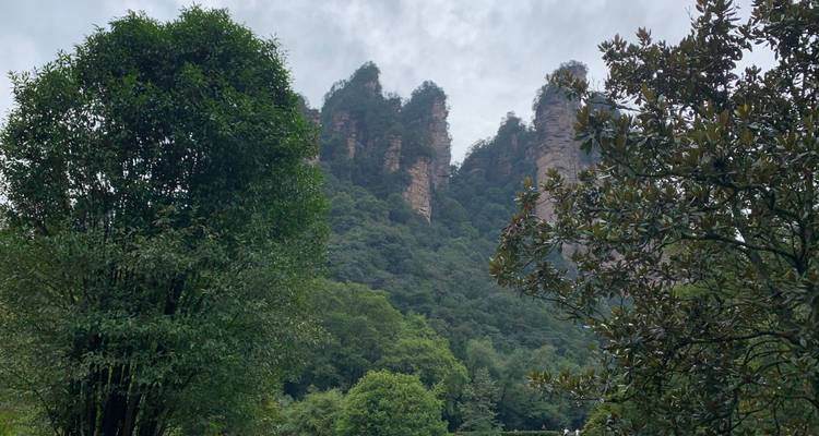 Trois hautes flèches de grès s'élèvent au-delà des arbres luxuriants du premier plan sous un ciel nuageux.