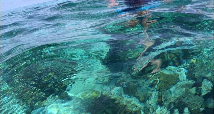 Snorkeler floating above pristine clear water revealing coral and rocks below.