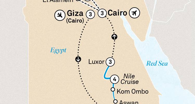 Tour route map of Egypt highlighting Cairo, Giza, Luxor and Nile cruise path