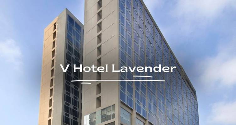 Repeat image of V Hotel Lavender high-rise with overlaid hotel name.