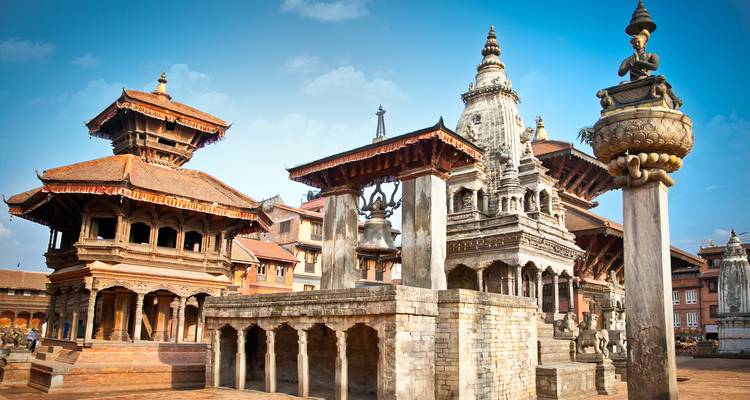 Historic temples and stone structures of Bhaktapur Durbar Square showcase detailed Newari architecture