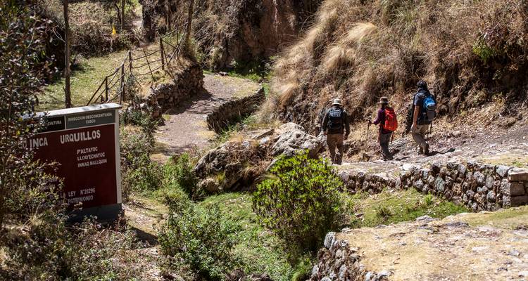 Small group hikes along a shaded gorge path lined with dry grasses and rocky cliffs.