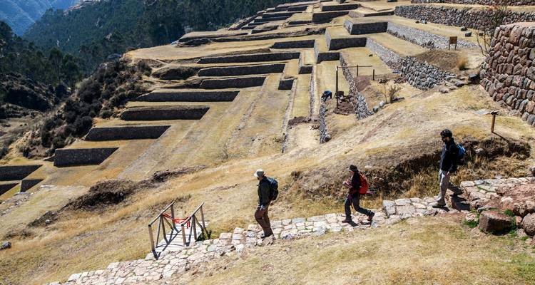 Trekkers climb stone steps beside sweeping agricultural terraces carved into the mountainside.