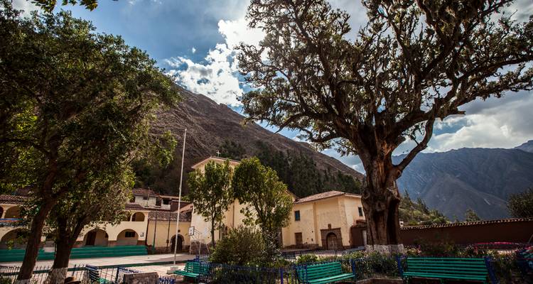 Village plaza shaded by a massive tree with mountains towering behind colonial buildings.