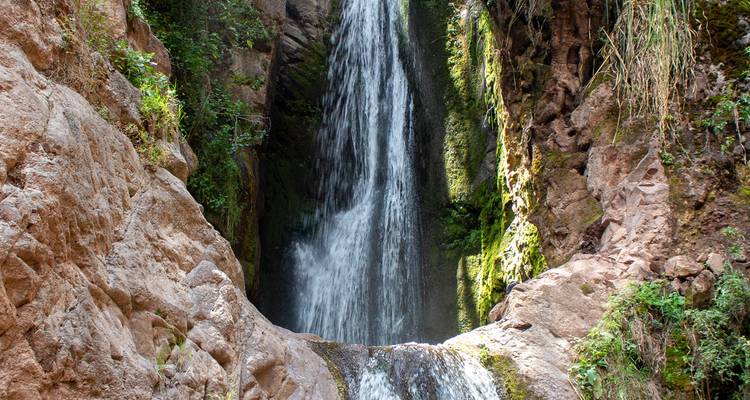 A narrow waterfall cascades through mossy rock walls into a small plunge pool.