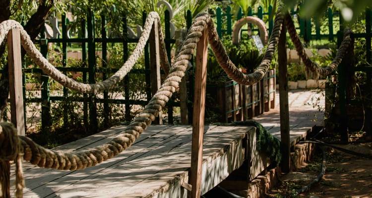 Passerelle en bois avec garde-corps en corde, ombragée par le feuillage du jardin.