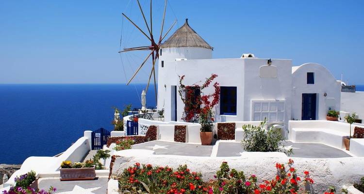Traditional white windmill and floral terraces overlooking the deep blue Aegean Sea on Santorini.