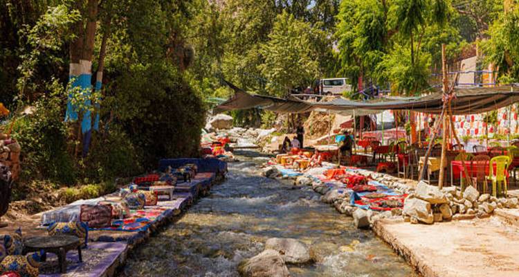 Stream flanked by colorful floor cushions and shaded eating areas.
