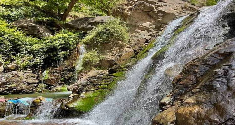 Close view of water rushing down a mossy rock waterfall.