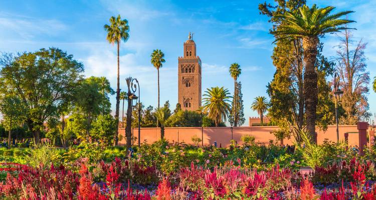 Jardins de fleurs luxuriants et palmiers encadrant le haut minaret de la mosquée Koutoubia à Marrakech.