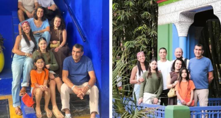 Side-by-side collage shows a family group posing in colorful garden and blue-painted stairs.