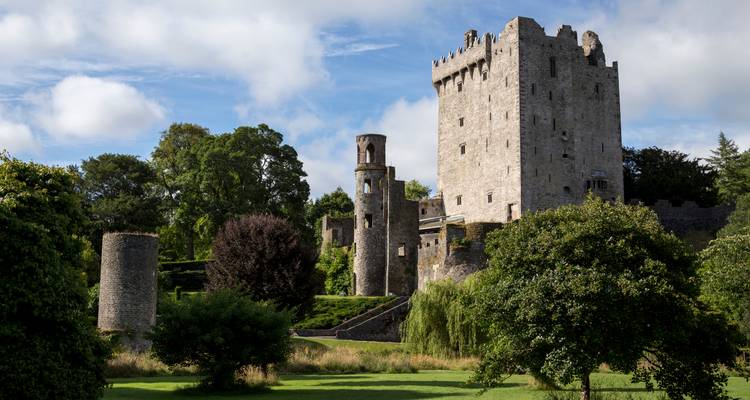 Towering stone castle and round tower rising above lush parkland and mature trees.